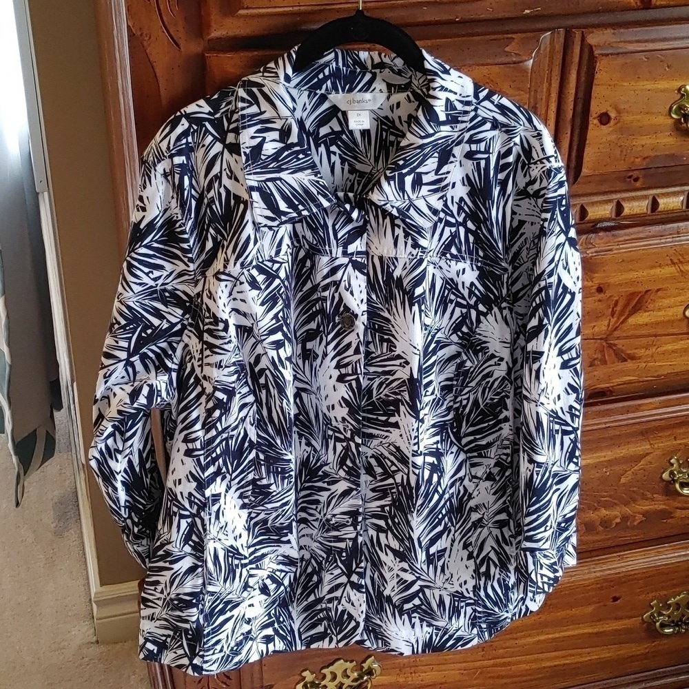 Cj Banks Black & White Tropical Print Jean Jacket Plus Size 2X